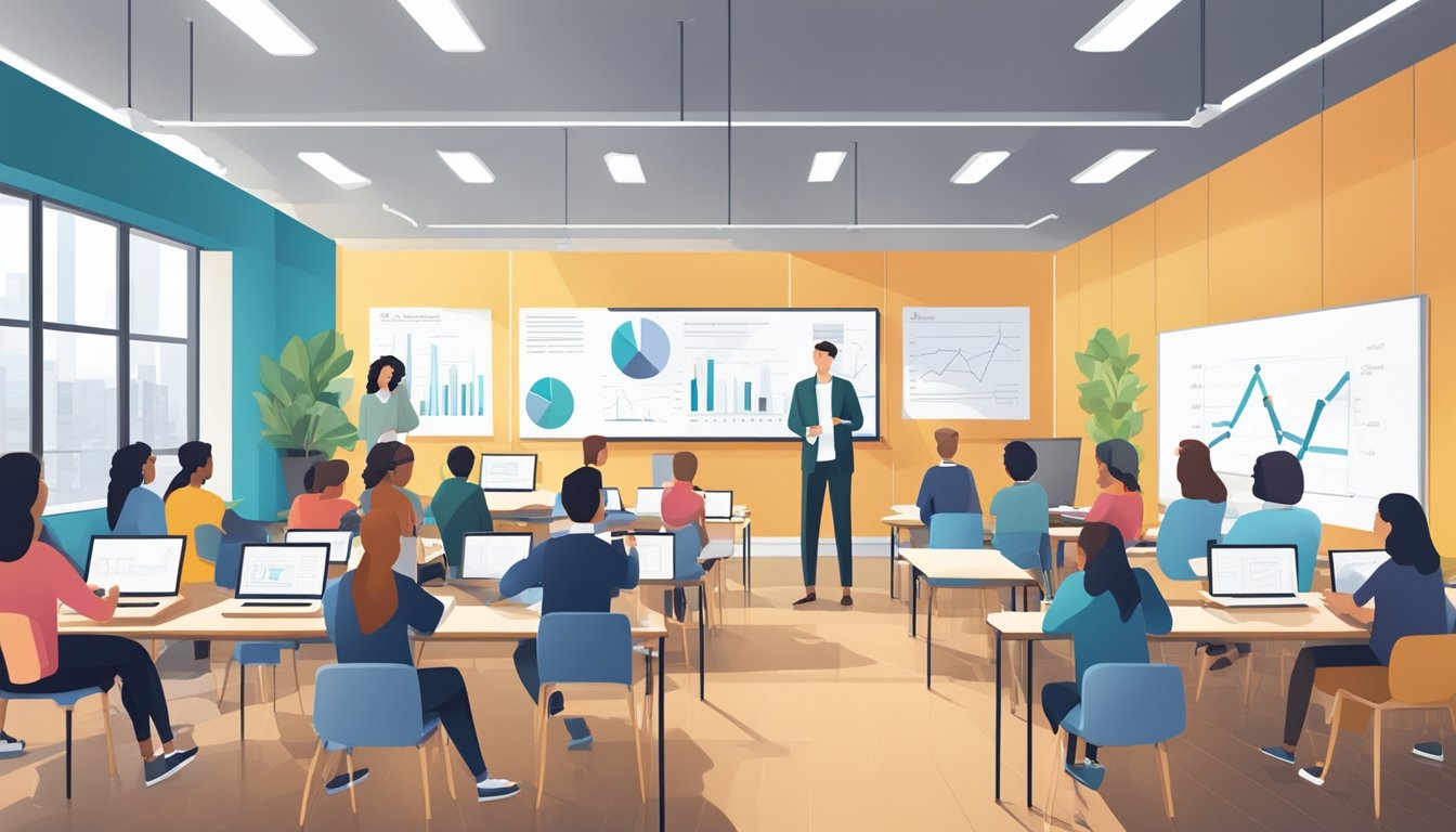 Students and teachers engage in lively discussions in a modern classroom setting, with charts and graphs displayed on the walls, and textbooks and laptops open on desks