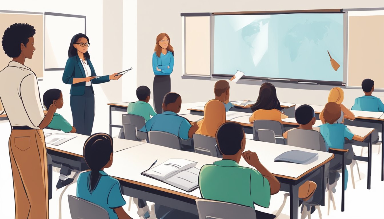 A teacher answering questions on a whiteboard with students listening and taking notes in a classroom setting