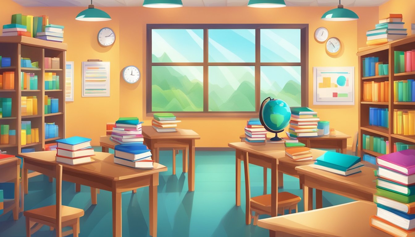 A colorful classroom with books, charts, and educational materials. Brightly lit with a welcoming atmosphere