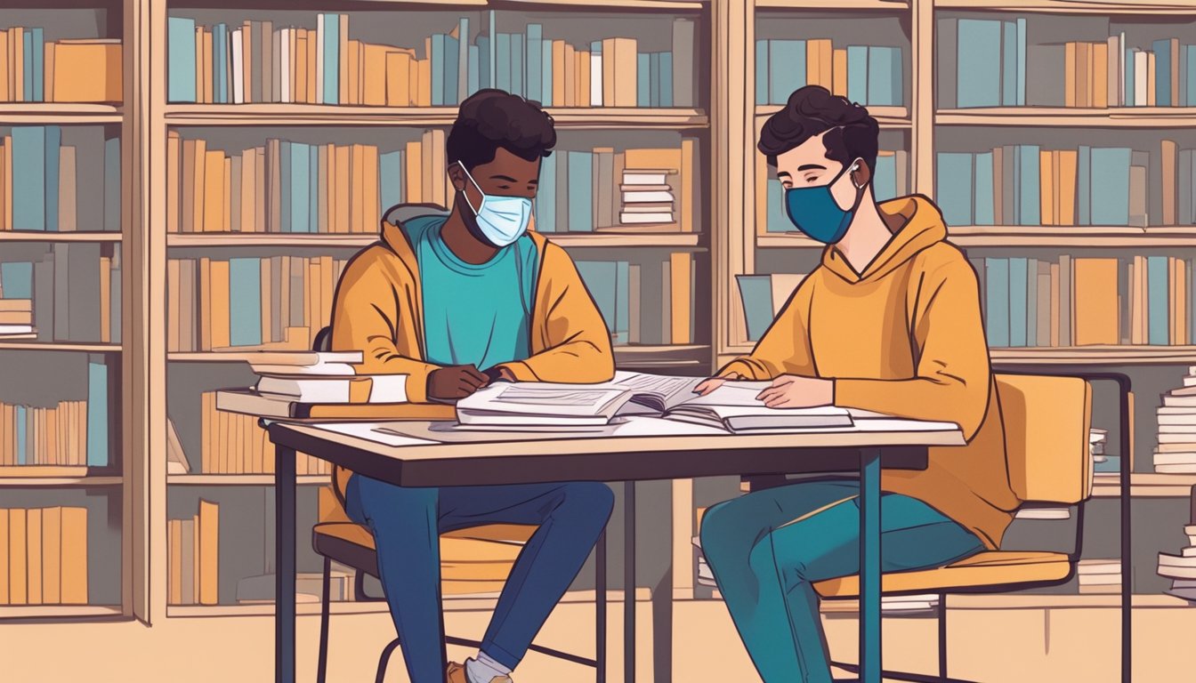 A student and a tutor sitting at a table with books and papers, wearing masks and maintaining social distance during a private tuition session amidst the COVID pandemic