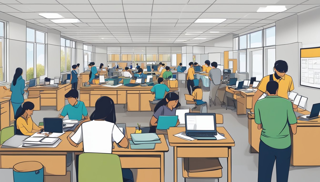 A busy office with students signing up for classes and staff managing paperwork at Patrick Tuition Centre