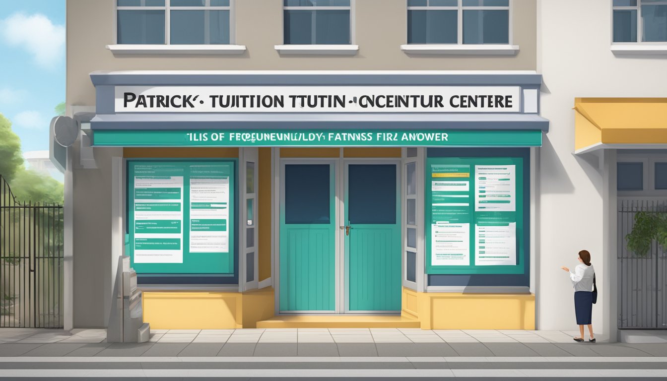 A signboard outside Patrick Tuition Centre with a list of frequently asked questions and answers