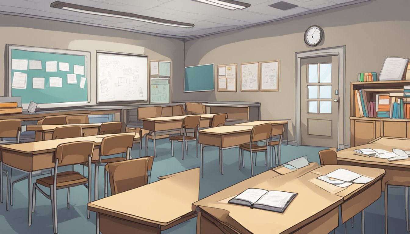 Empty classroom with scattered textbooks, a deserted whiteboard, and abandoned desks. A sign on the door reads "Closed due to COVID-19."