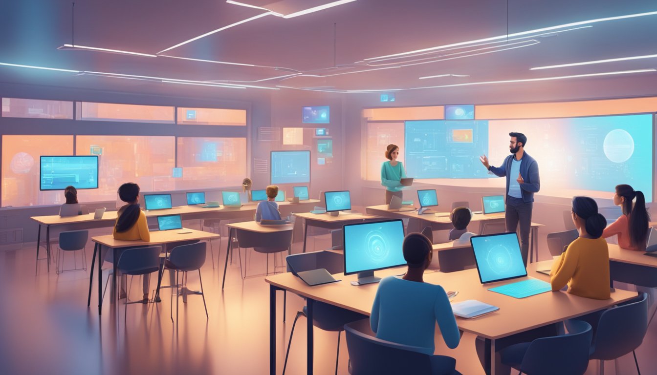 A futuristic classroom with holographic screens and interactive teaching tools, students and tutors engaging in virtual lessons with advanced technology