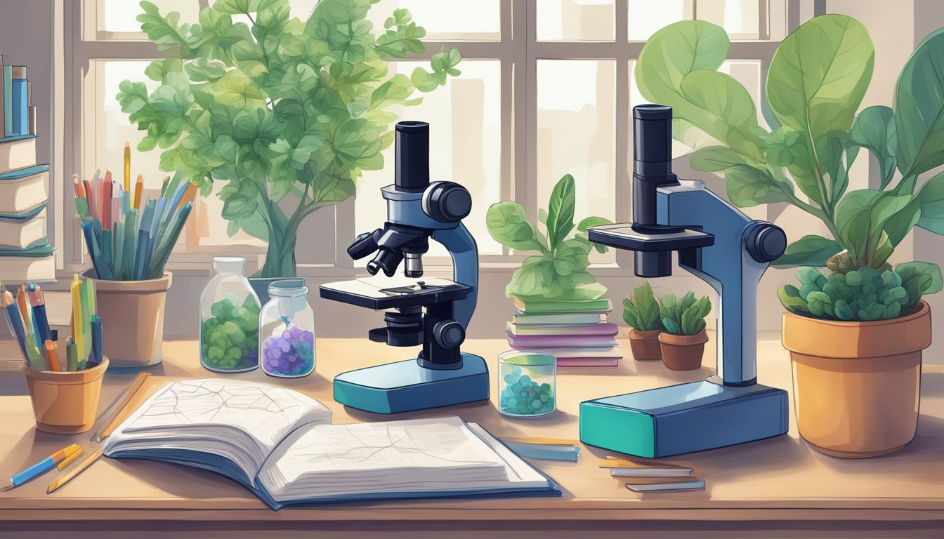 A microscope sits on a cluttered desk, surrounded by textbooks and colorful diagrams of cells and organisms. A potted plant adds a touch of greenery to the biology tuition setting