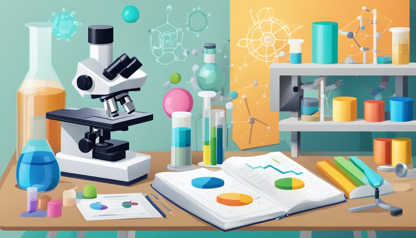 A microscope and biology textbook sit on a desk, surrounded by colorful diagrams and charts. A model of a cell and various lab equipment are also present