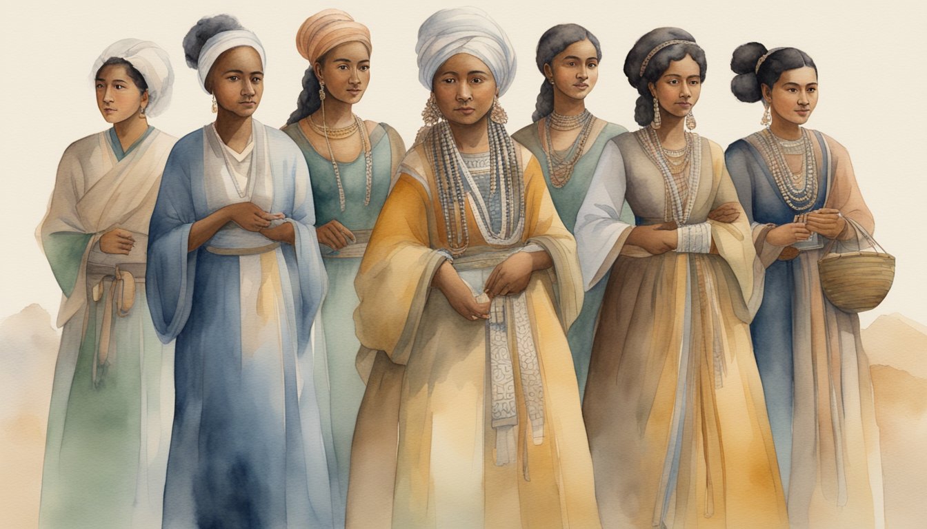 A diverse group of women from different time periods and cultures stand together, each holding a symbol representing their significant contributions to history