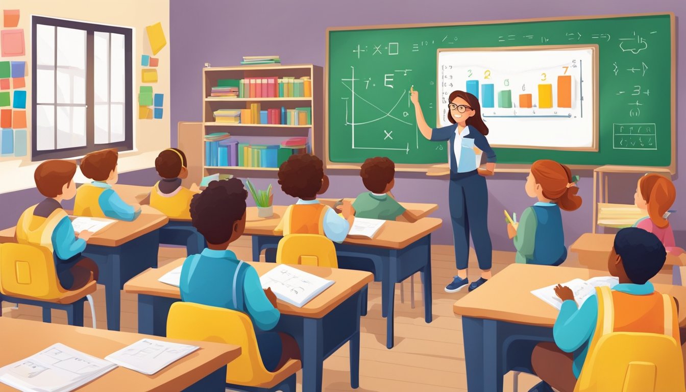 A colorful classroom with math symbols, charts, and books. A teacher explaining concepts, while students eagerly participate