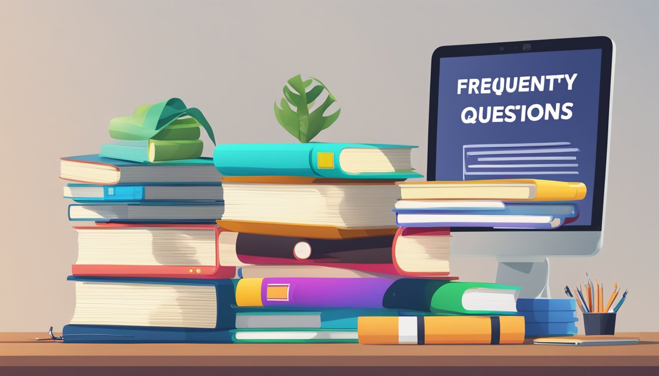 A stack of textbooks and a laptop on a desk, with a "Frequently Asked Questions private tuition covid" banner on the screen