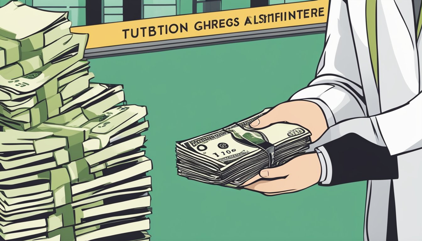 A stack of cash being handed over to a school administrator with a sign displaying "tuition charges in Singapore" prominently displayed