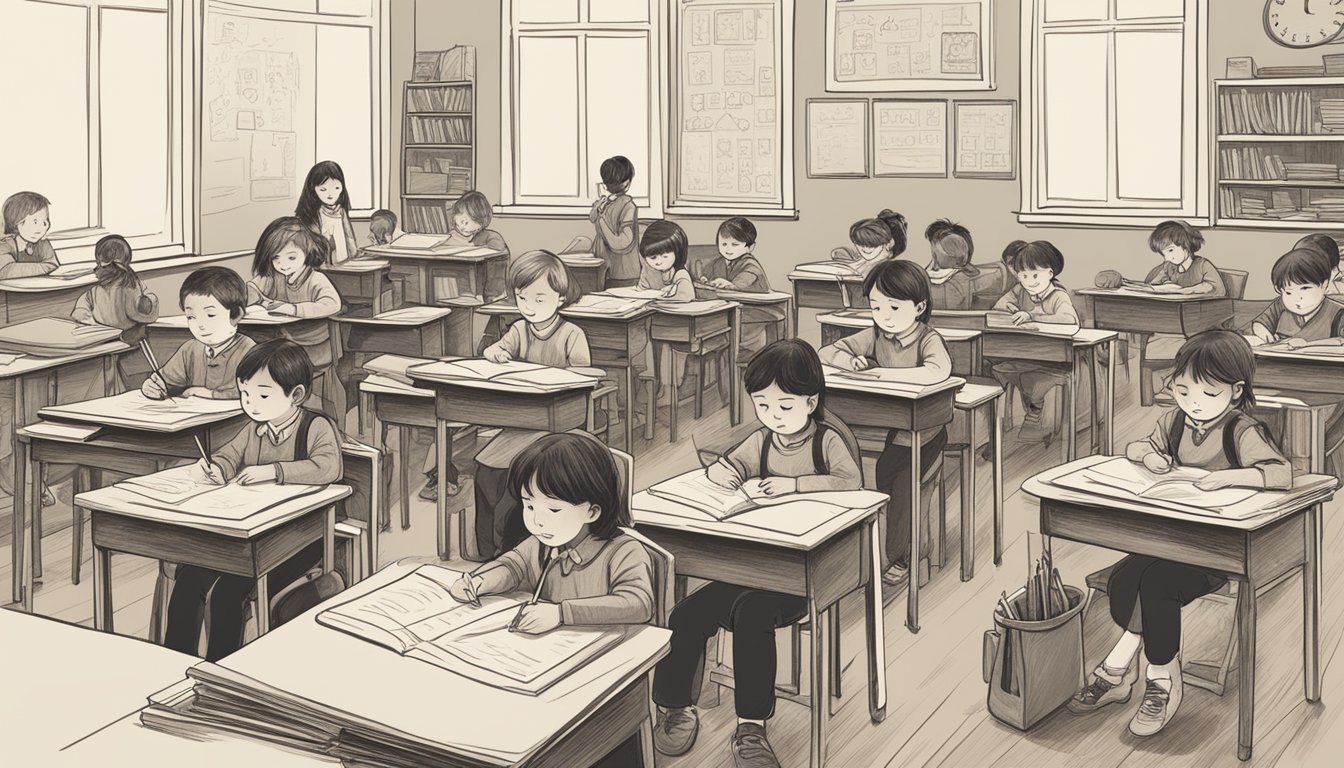 Children sitting at desks, teacher at the front, writing on the blackboard. Books, pencils, and paper scattered around the room