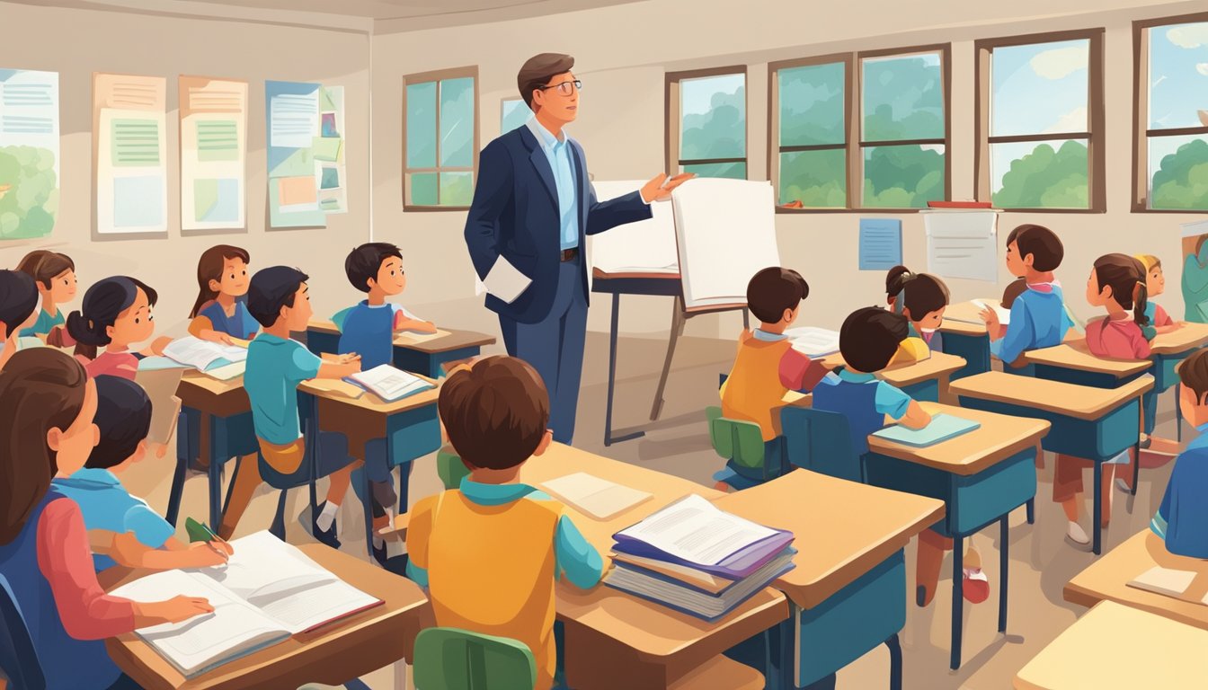 Students engaged in primary school tuition, seated at desks with books and notebooks, while a teacher stands at the front of the classroom, explaining a lesson and answering questions