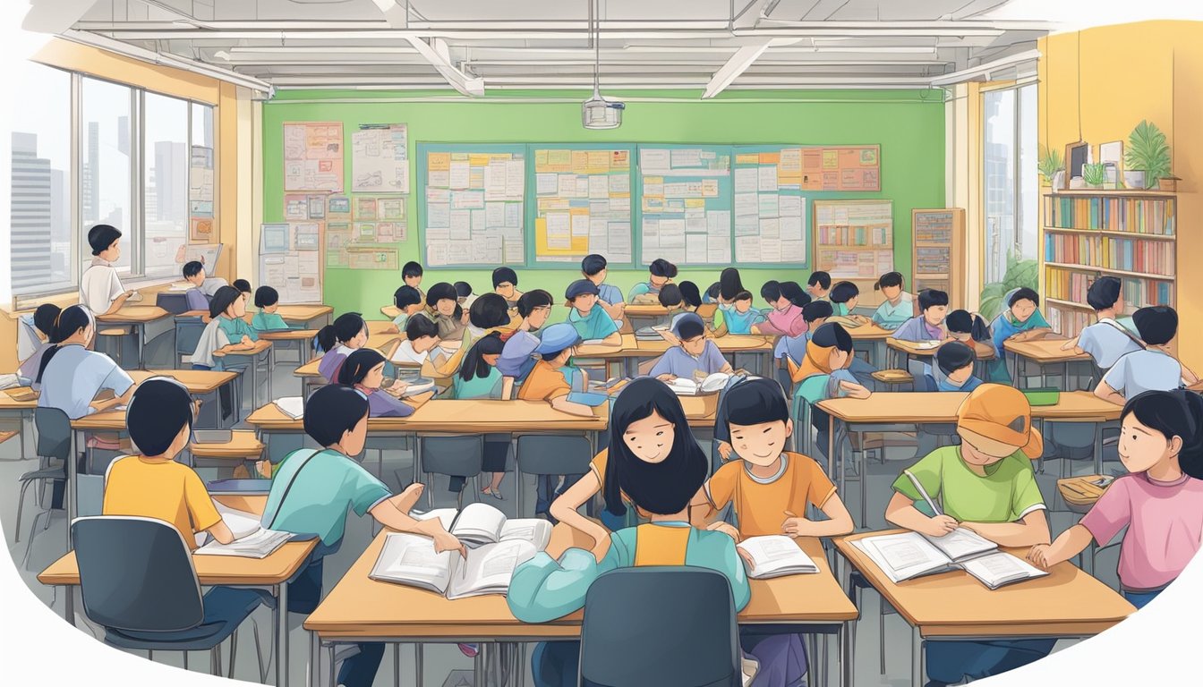 A bustling tuition center in Singapore, filled with students and tutors engaged in focused learning and discussion. The walls are adorned with educational posters and colorful study materials