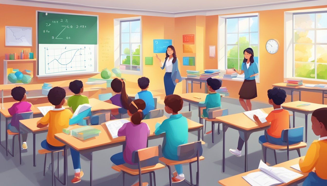 A bright classroom with colorful math materials and engaged students, a teacher explaining concepts with enthusiasm