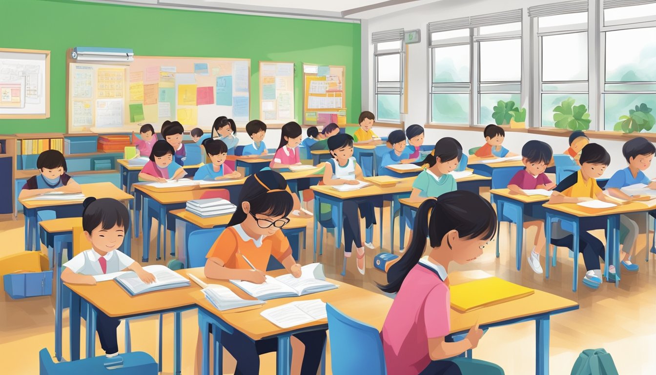 A bustling tuition centre in Bukit Batok, with students studying and teachers instructing in a bright and vibrant classroom setting