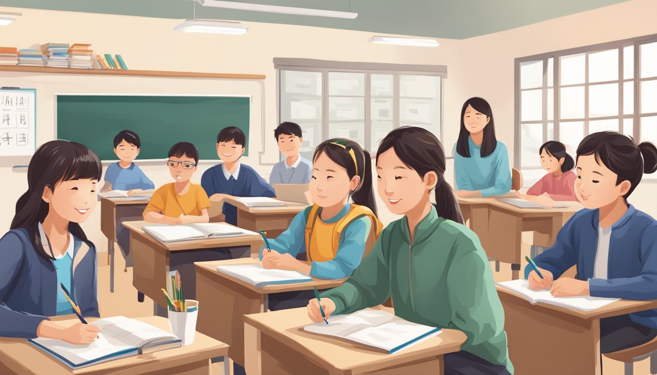 Chinese Language Tuition: Learn Mandarin Easily in Singapore A classroom with a whiteboard, Chinese characters, textbooks, and language learning materials. Students seated at desks, engaged in conversation and writing exercises