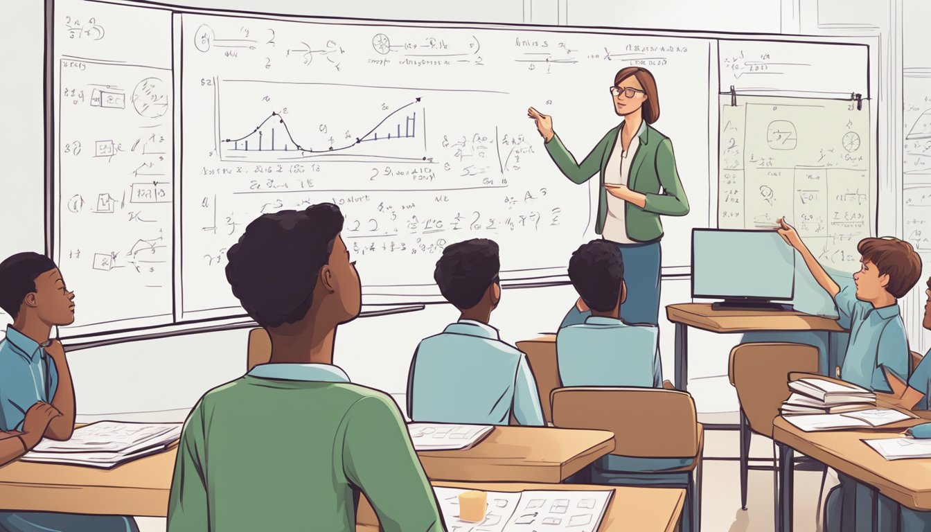 A teacher stands in front of a whiteboard with mathematical equations and diagrams, while a group of students eagerly asks questions