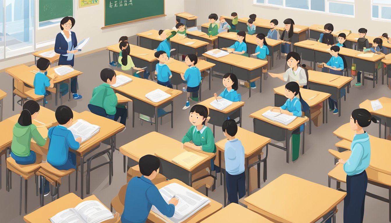 Chinese Language Tuition: Learn Mandarin Easily in Singapore A classroom filled with Chinese language learning materials, textbooks, and interactive resources. A teacher stands at the front, engaging students in comprehensive tuition programmes