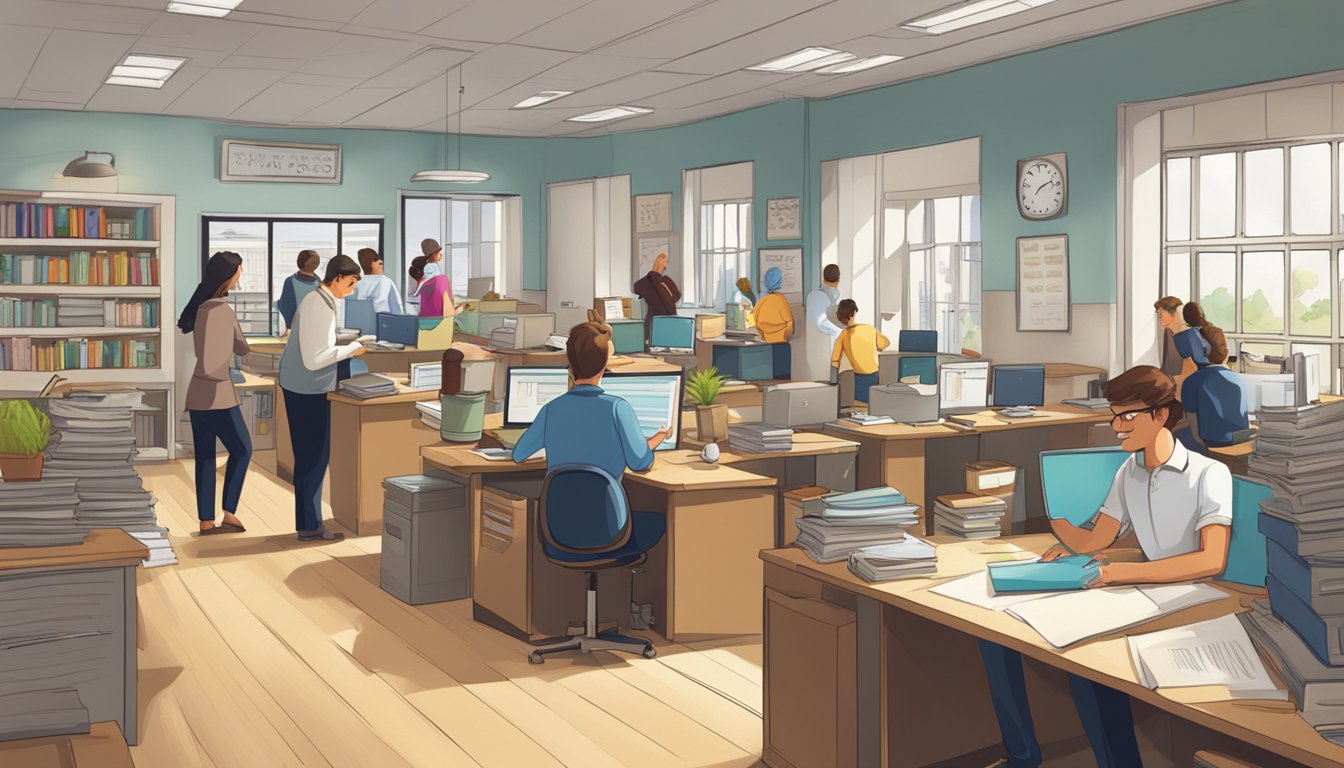 A bustling office with a sign reading "Tuition Agency" and a line of eager tutors waiting to apply. Shelves of educational materials and a busy reception desk complete the scene