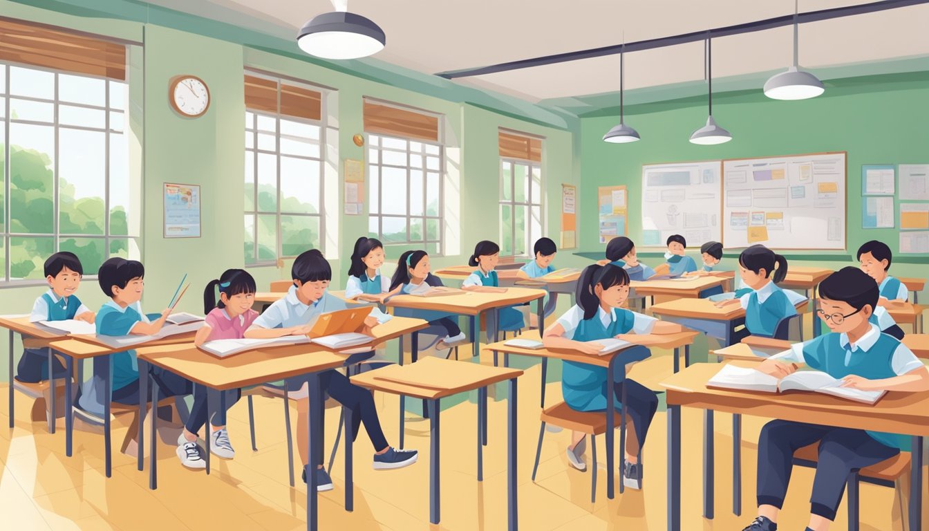 Students studying in bright classrooms at Bukit Batok Tuition Centres, surrounded by books and educational materials