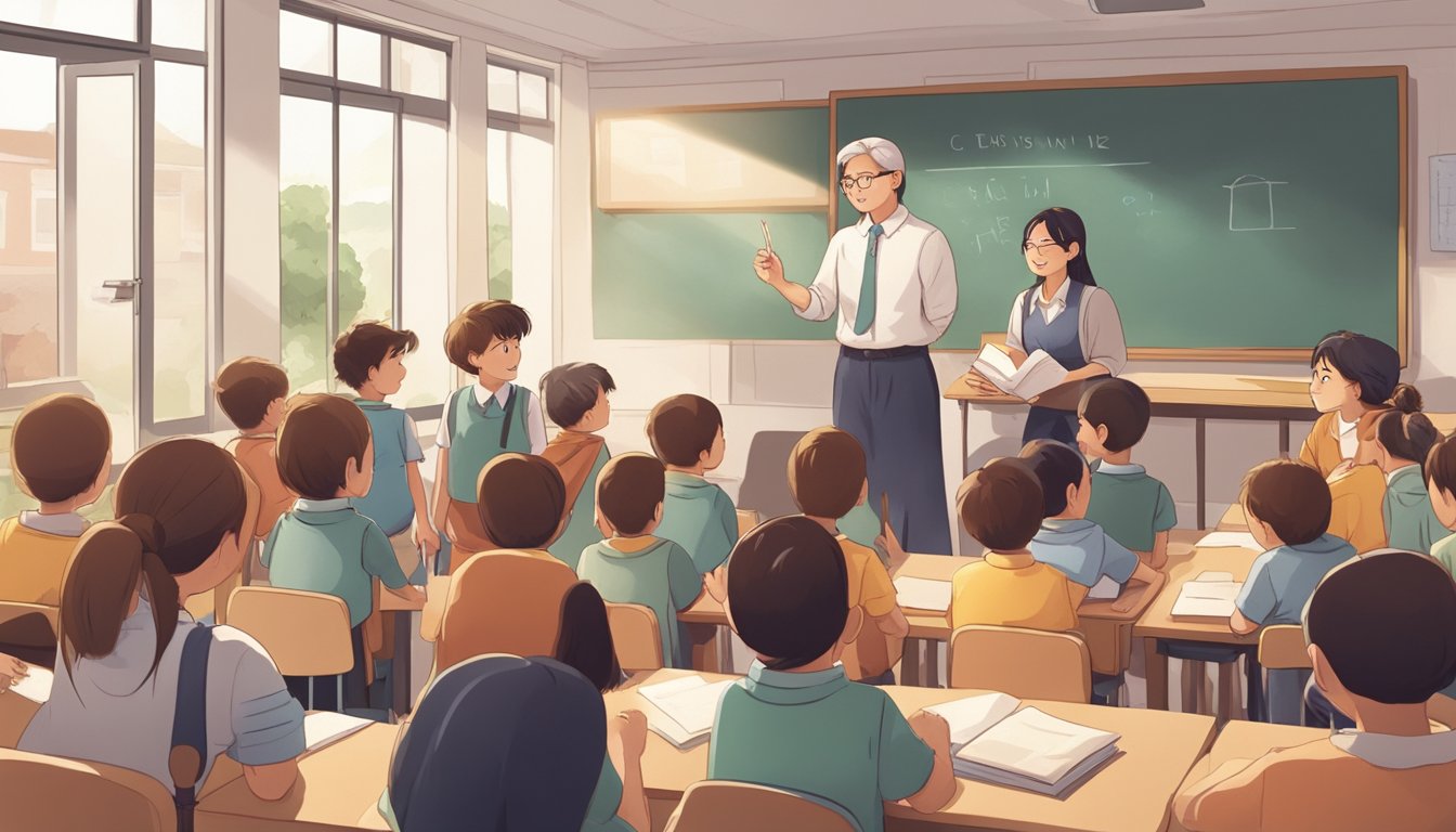 A group of young students gather around a teacher, eagerly asking questions about primary school tuition. The teacher responds with patience and enthusiasm, creating an engaging and informative atmosphere