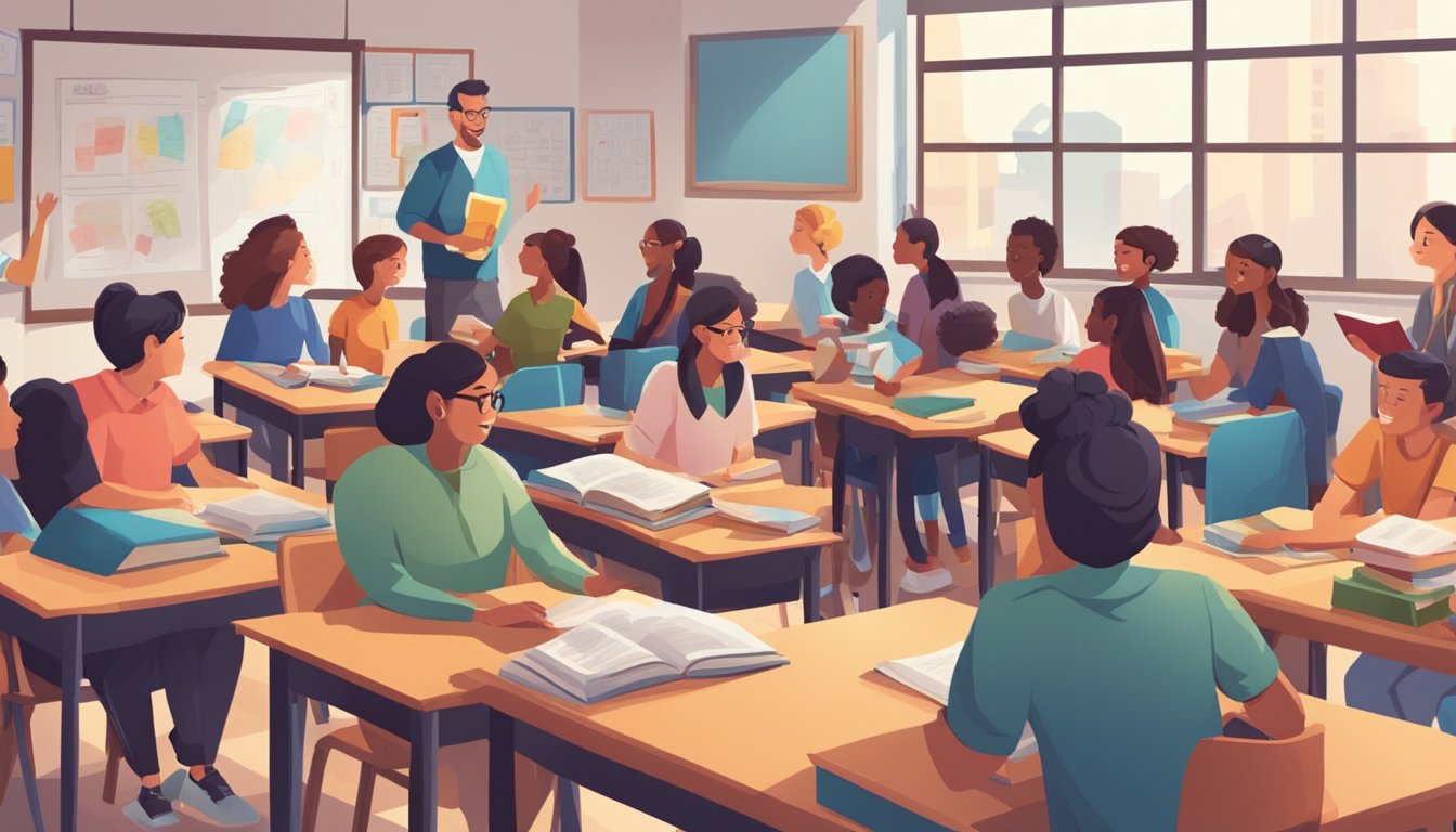 AEIS Tuition Singapore: Preparing Your Child for Success A classroom filled with students and a teacher engaged in a lively discussion, with books and educational materials scattered on desks