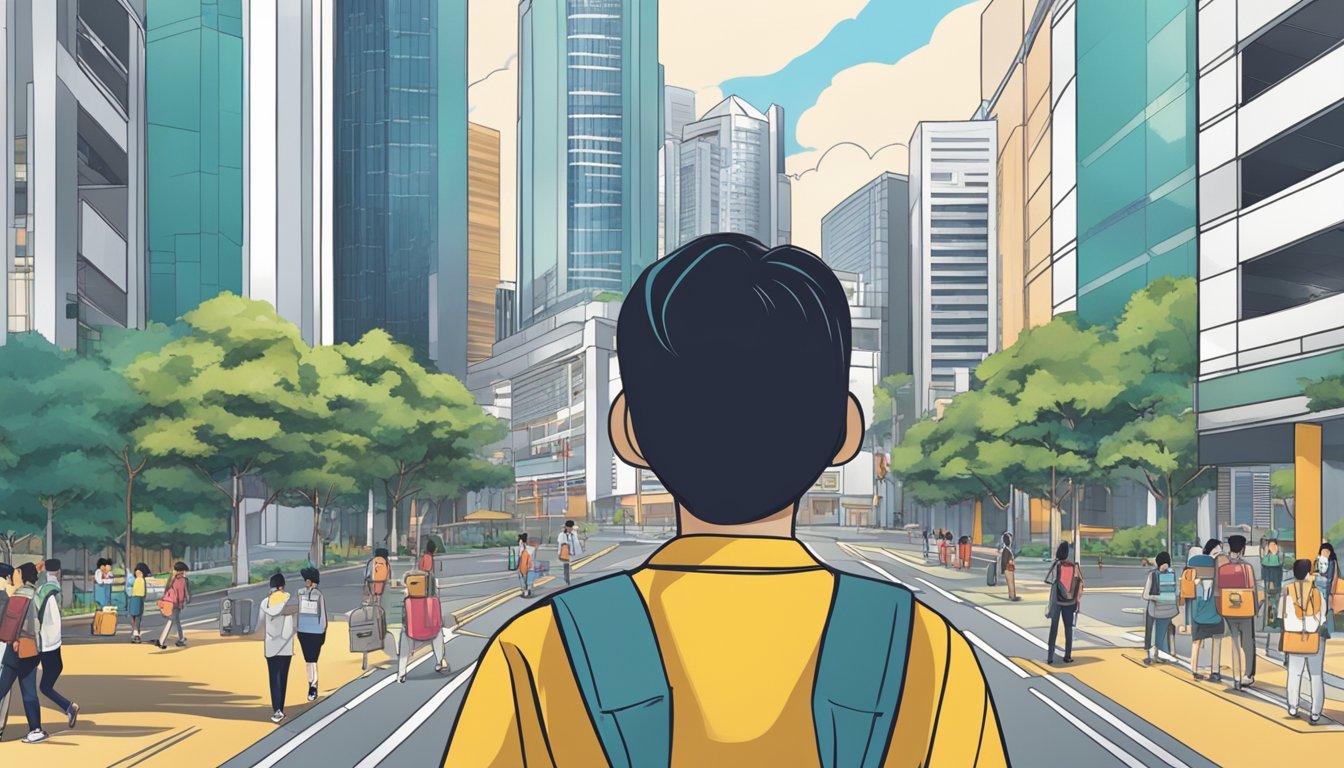 A student stands at a crossroads, surrounded by towering tuition centers and educational resources, symbolizing the complex and competitive landscape of the Singapore tuition industry
