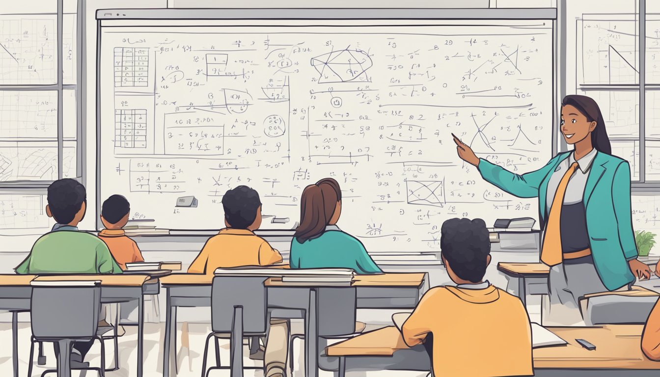 A whiteboard filled with complex math equations, a desk with textbooks and a calculator, and a teacher explaining concepts to a student