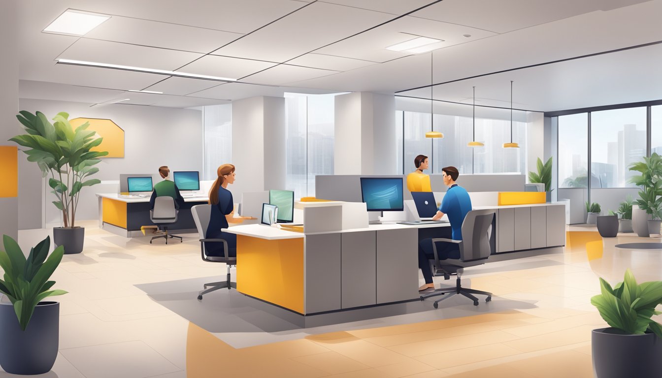 A bright, modern office with a sleek logo and welcoming reception area. A team of professionals discussing tutoring services and reviewing tutor profiles