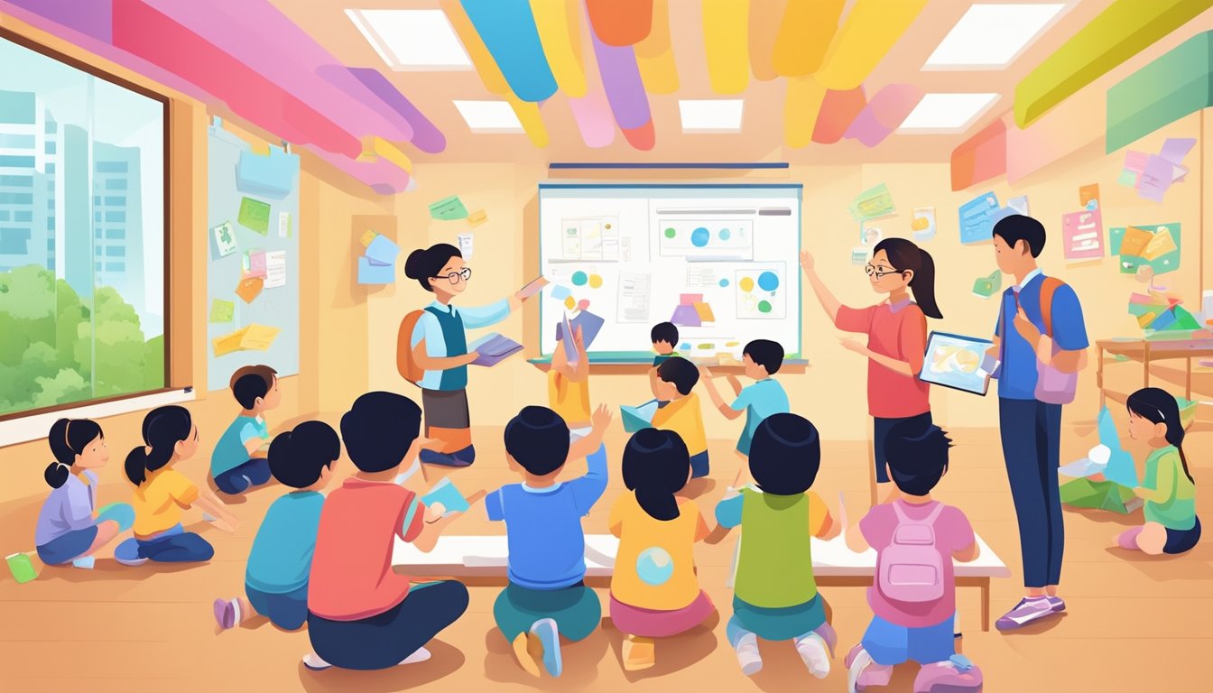A group of children eagerly engage in interactive learning activities at the Bukit Batok tuition centre, surrounded by colorful educational materials and enthusiastic teachers