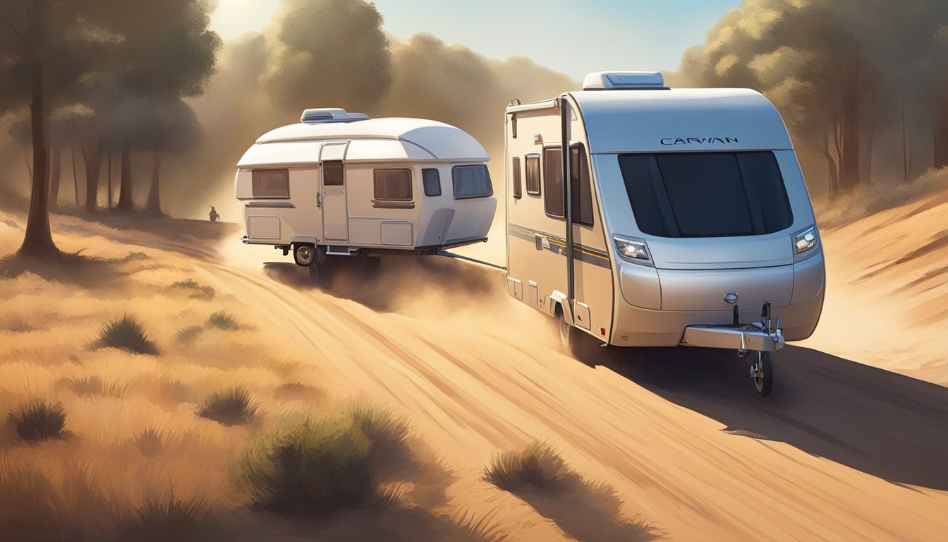 A caravan is being towed by a vehicle on a dusty road, with the sun shining overhead