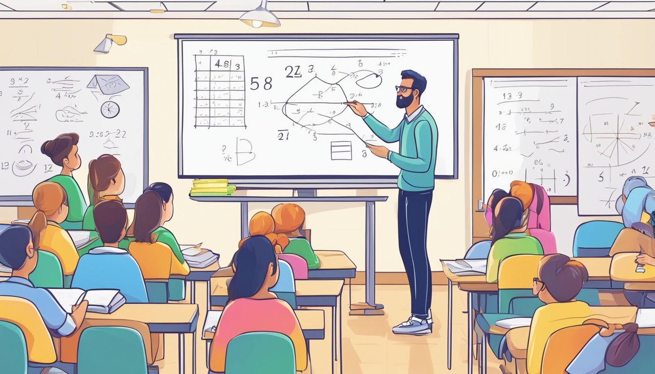 A tutor explains complex math concepts on a whiteboard in a bright, organized classroom