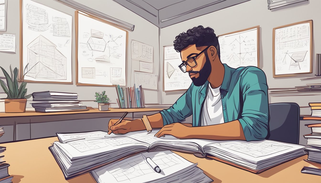 A student sits at a desk, surrounded by textbooks and notes. A tutor explains complex math concepts on a whiteboard, while the student listens intently