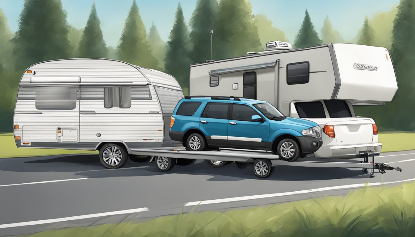 A caravan hitched to a towing vehicle, with a clear demonstration of basic towing techniques