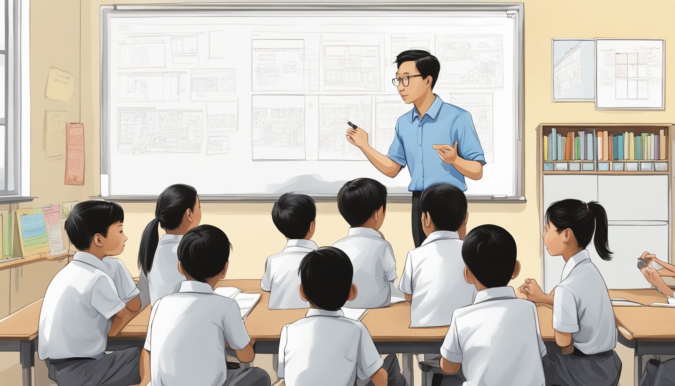 Students gather around a whiteboard at the Bukit Batok tuition centre, while a teacher explains concepts. Posters and educational materials line the walls