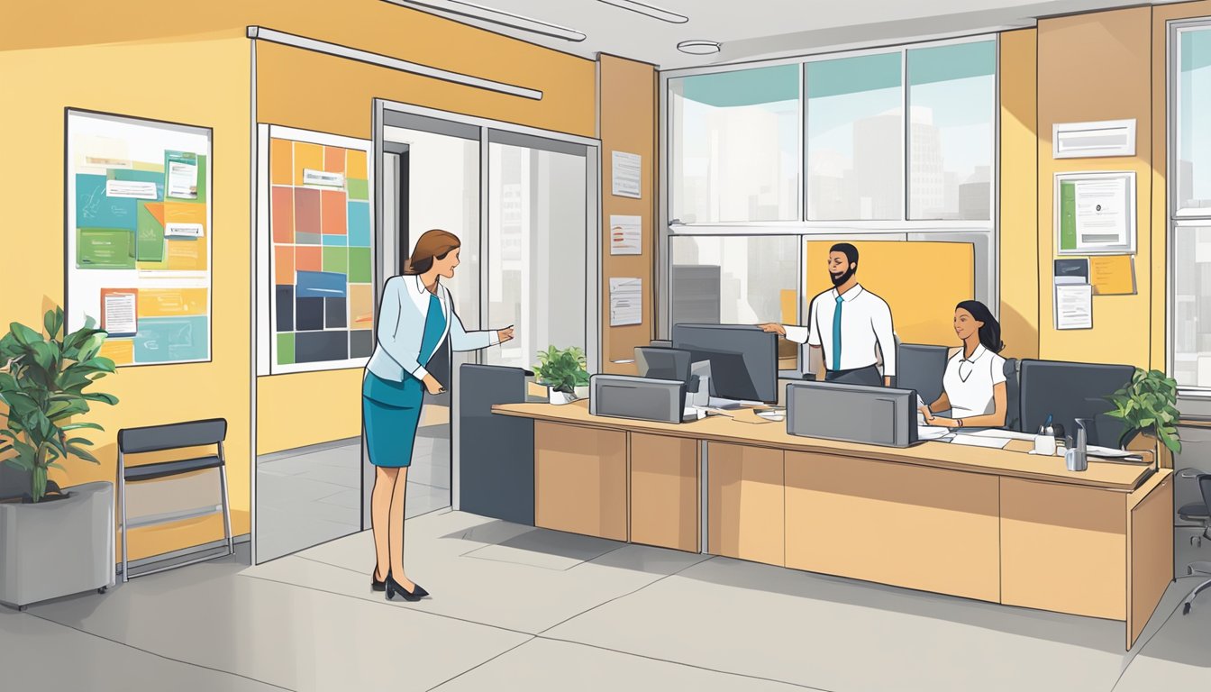 A bright, welcoming office with a logo on the wall. A receptionist greets tutors, while a noticeboard displays available subjects