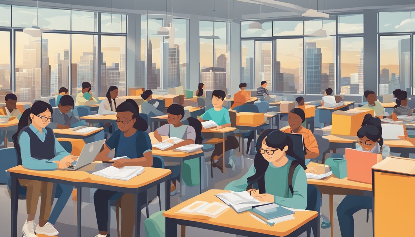 A bustling cityscape with students studying in modern classrooms, while tuition centers and education institutions thrive nearby. The contrast between wealth and educational inequality is evident