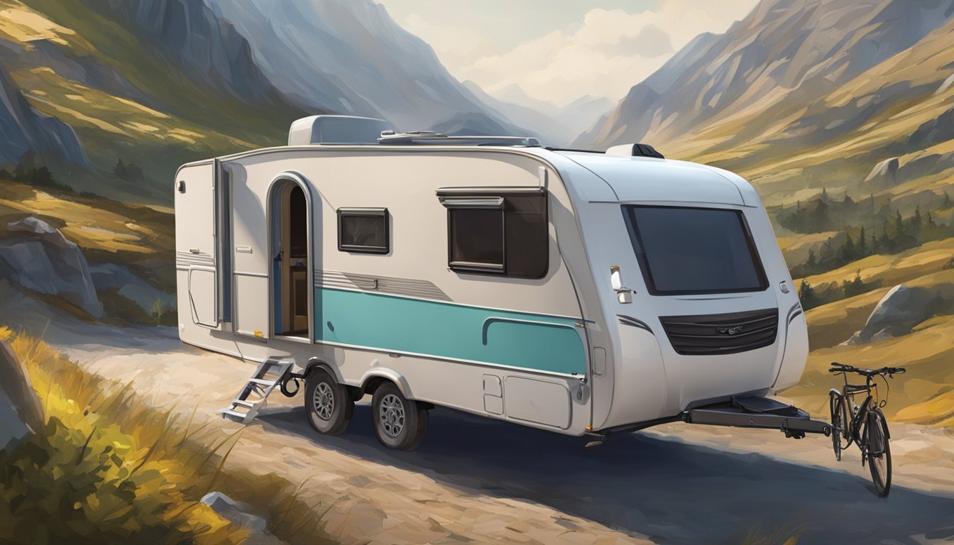 A caravan being expertly towed through a challenging terrain, with precise maneuvering and control demonstrated by the driver