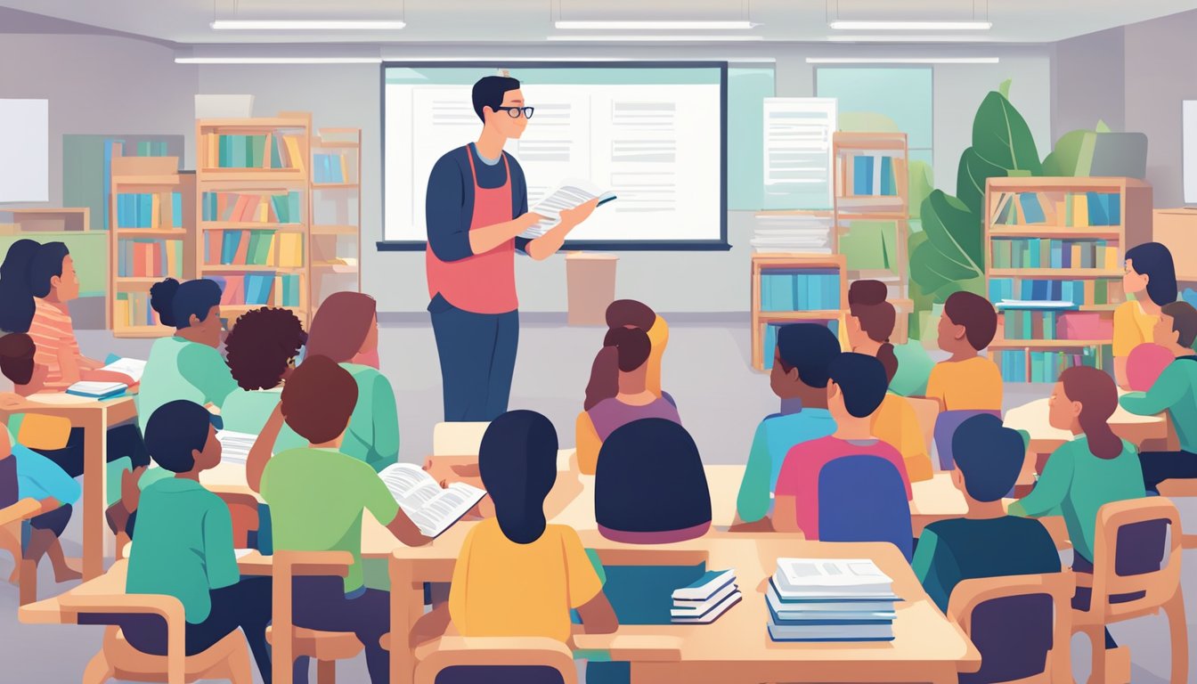 A stack of FAQ books surrounded by a group of students, with a tutor answering questions in a classroom setting