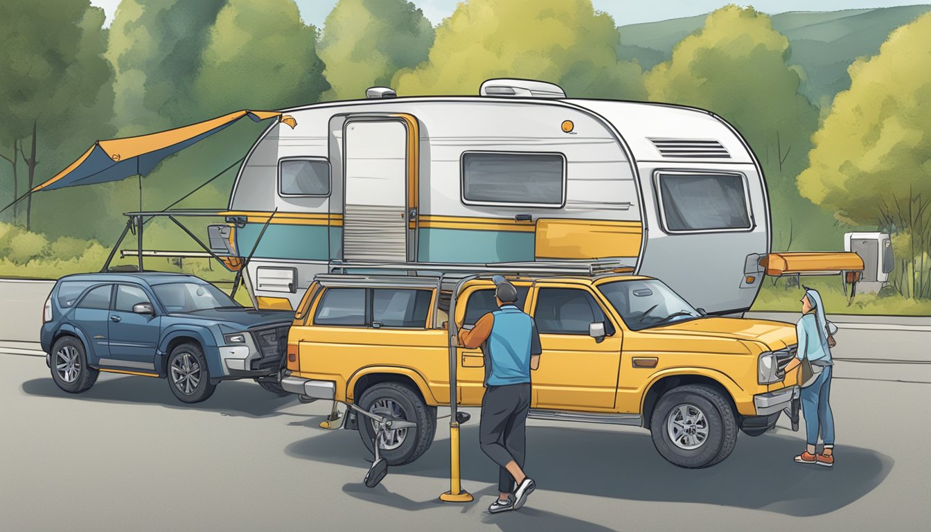 A caravan being towed by a vehicle with a "Frequently Asked Questions" banner, while a person receives tuition inside