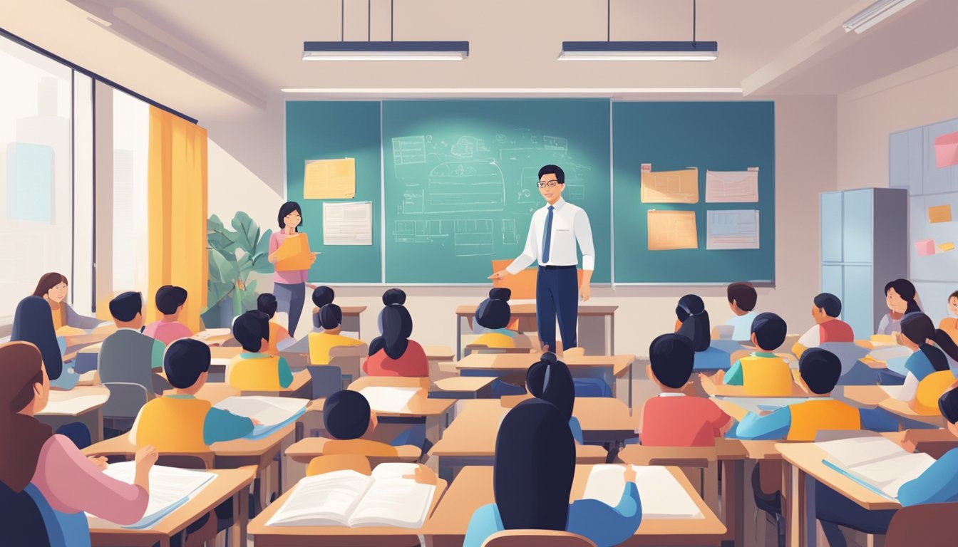 AEIS Tuition Singapore: Preparing Your Child for Success A classroom filled with engaged students, surrounded by colorful educational materials and a dedicated tutor leading an AEIS tuition session in Singapore
