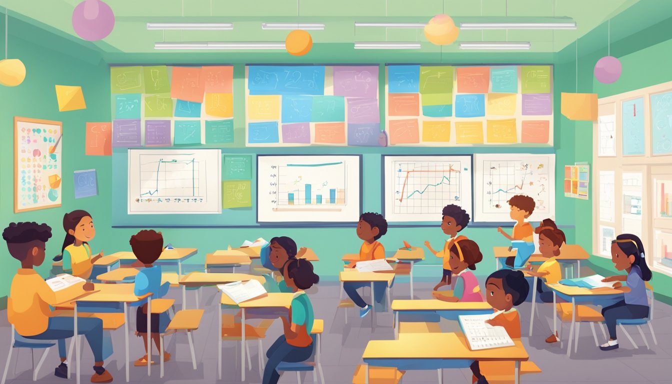 A brightly lit classroom with students engaged in interactive math activities, surrounded by colorful charts and graphs