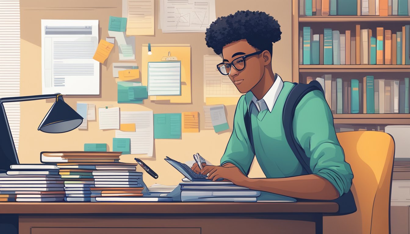 A student sitting at a desk, surrounded by textbooks and a laptop, with a calculator and notepad in front of them. A tuition bill is visible on the desk