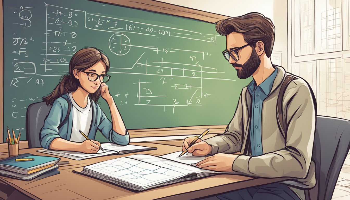 A student solving complex math problems while receiving guidance from a knowledgeable tutor in a quiet and focused environment