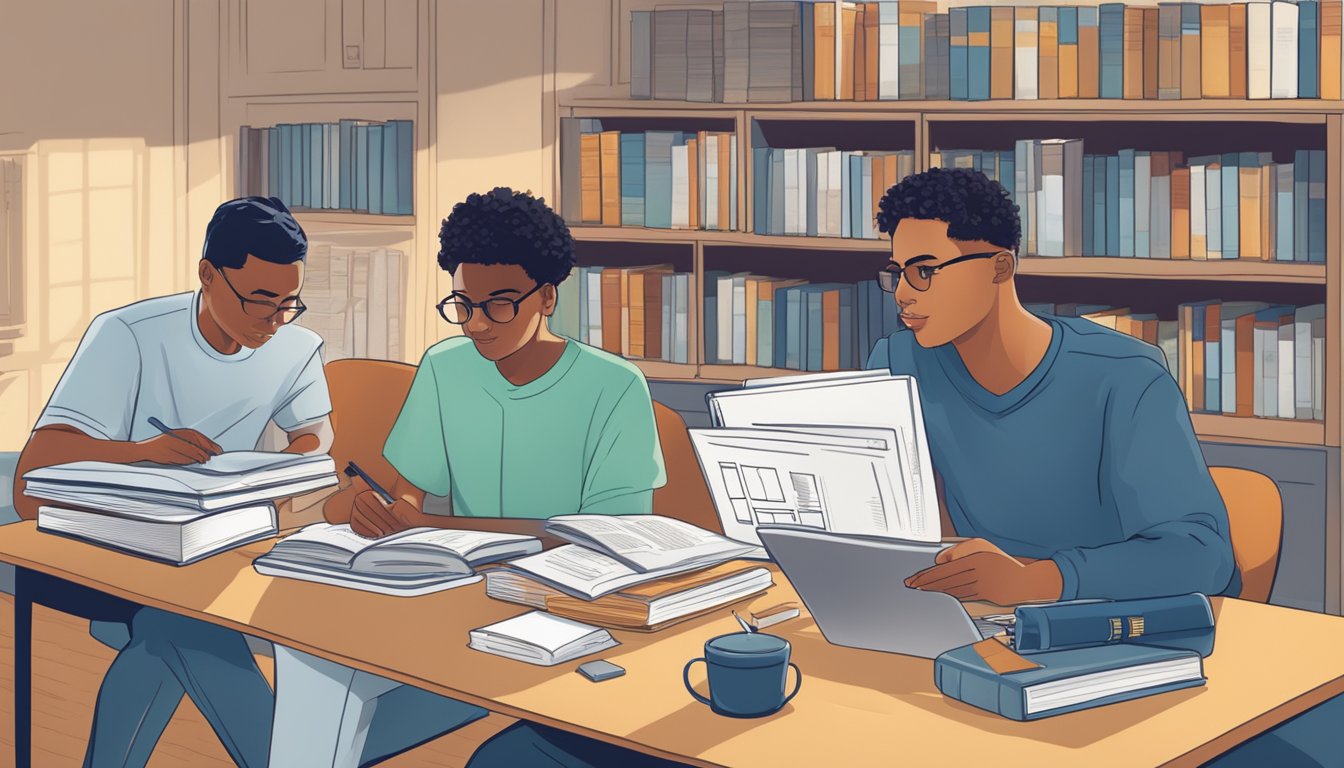 Students calculating tuition fees with textbooks and laptops on a desk. Emory University logo visible in the background