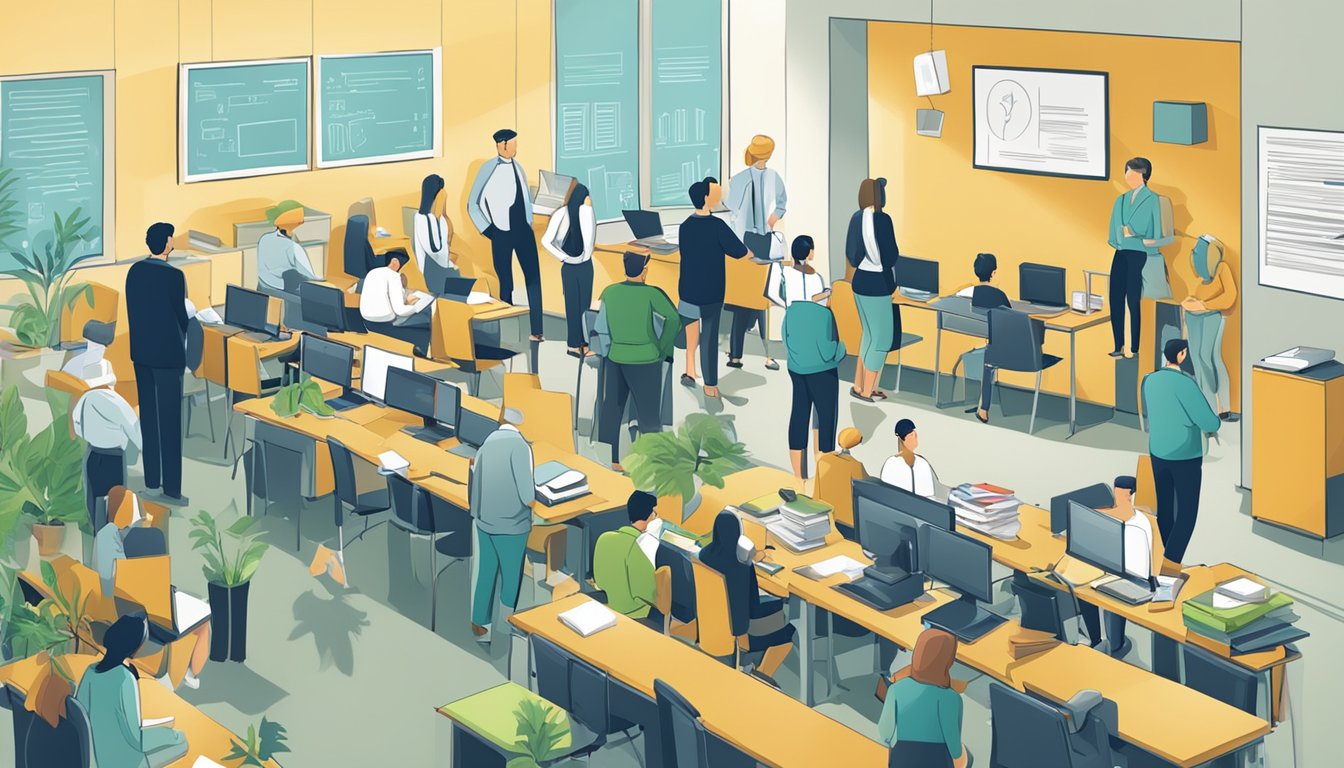 A busy office with a sign "Frequently Asked Questions Tuition Agency" and tutors waiting to be matched with students