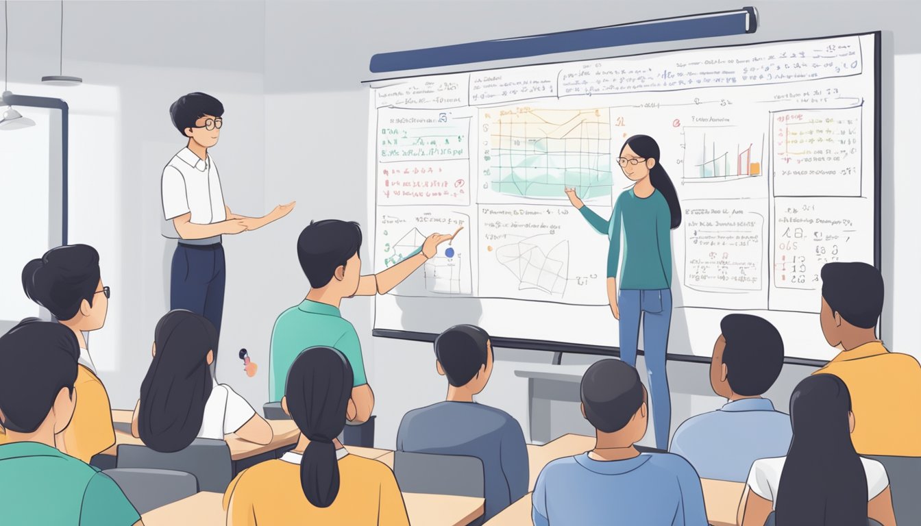 A whiteboard filled with IB math problems, a tutor explaining concepts, students asking questions, and a Singaporean flag in the background