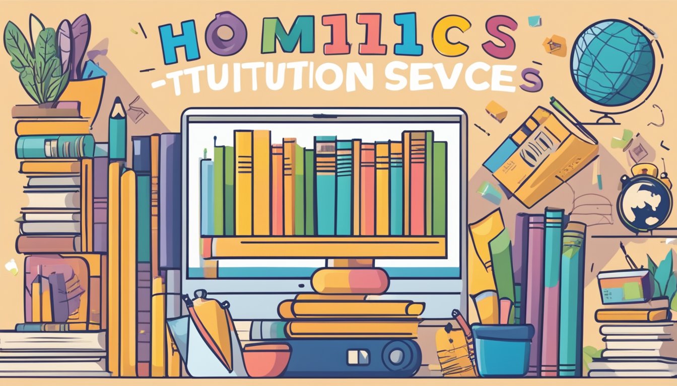 A colorful flyer with "Home Tuition Services" in bold letters, surrounded by images of books, pencils, and happy students studying. A phone number and website are displayed for contact