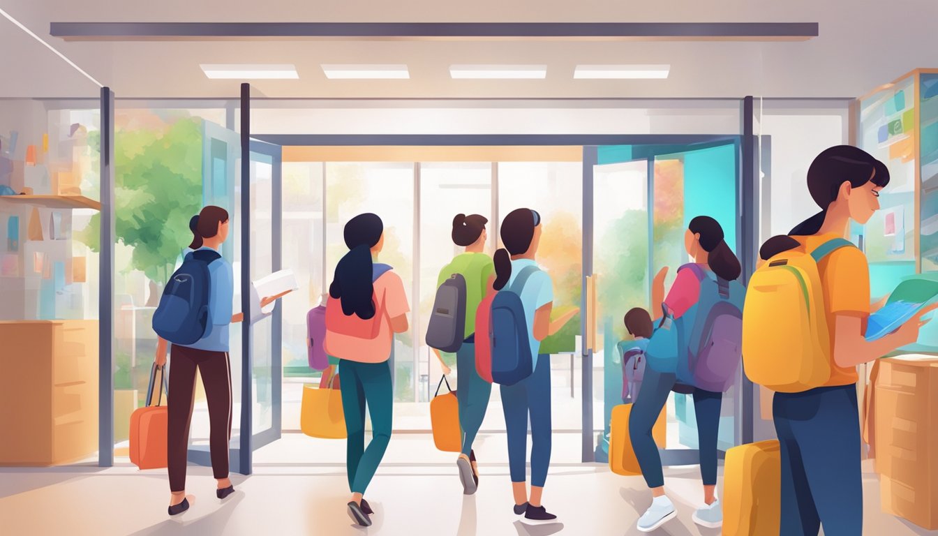 Students eagerly entering a modern, well-lit math tuition center with colorful educational materials and interactive technology