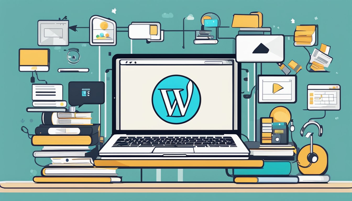 A laptop with a logo on the screen, surrounded by social media icons and a stack of books, symbolizing online promotion for home tuition